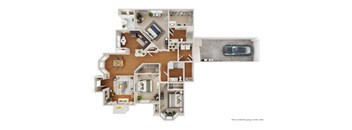 A floor plan of a house with a garage and a car.