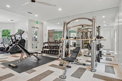 the gym has weights and cardio equipment and a glass wall