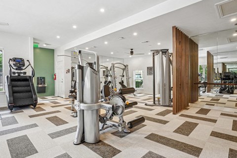 the gym is equipped with a variety of weights and cardio machines