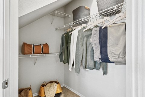 an open closet with clothes hanging on a rack in a home