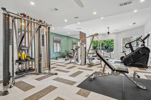 the gym has treadmills and other fitness equipment in the home gym