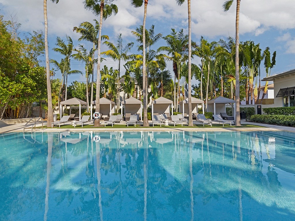 a hotel pool with palm trees in the background