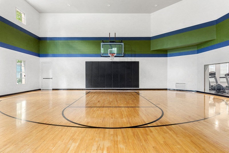 a basketball court with a basketball hoop