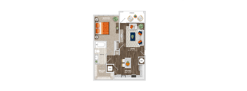 A floor plan of a house with a kitchen, living room, and bathroom.