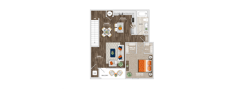 A floor plan of a house with a kitchen, living room, dining room, and balcony.