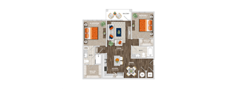 A floor plan of a house with a living room, dining room, kitchen, and bathrooms.