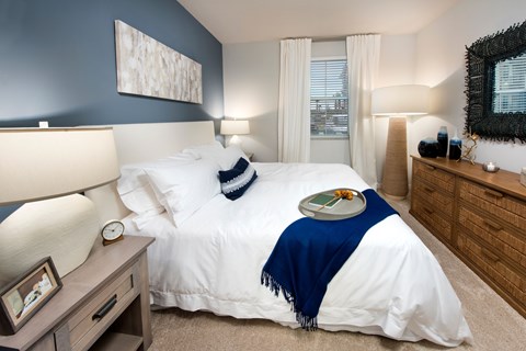 A bedroom with a large bed and a blue blanket.
