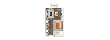 A floor plan of a house with a kitchen, living room, dining room, and bathroom.