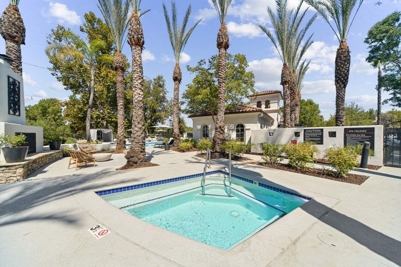 a swimming pool with palm trees and a building in the background