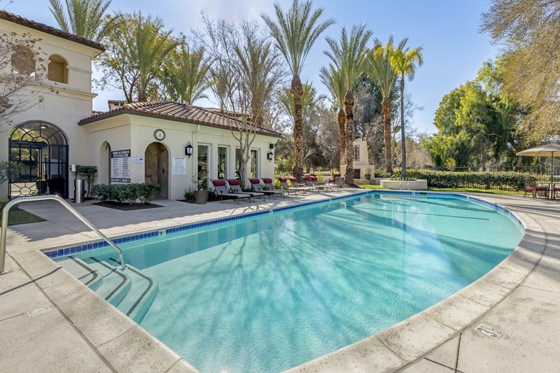 the swimming pool at the resort style clubhouse with palm trees