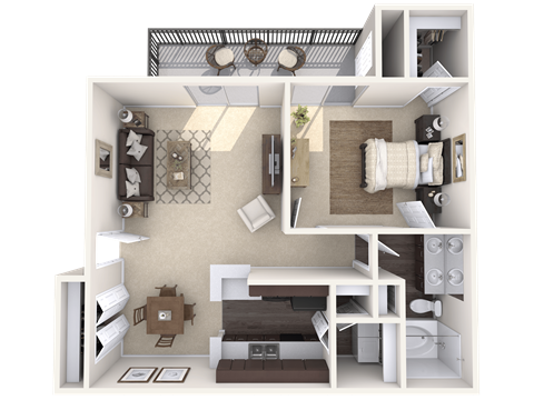 A 3D floor plan of a house showing a kitchen, living room, and bedrooms.