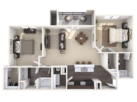 A 3D floor plan of a small apartment with a kitchen, living room, and bathroom.