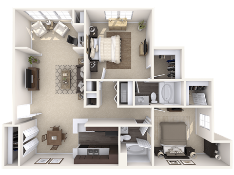 A 3D floor plan of a small apartment with a kitchen, living room, and bedrooms.