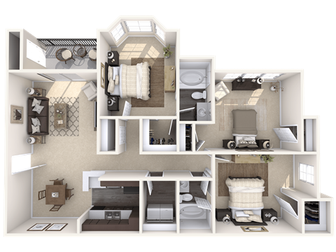A 3D rendered image of a small apartment layout.