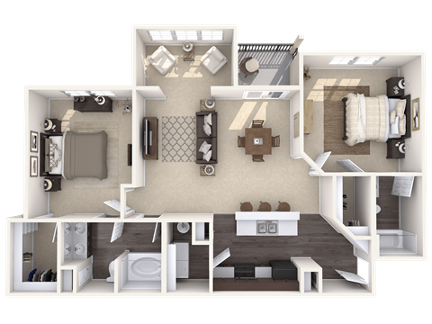A 3D floor plan of a small apartment with a kitchen, living room, and bedroom.