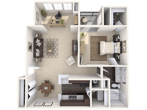 A 3D floor plan of a house with a living room, kitchen, and two bedrooms.