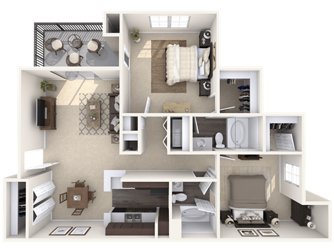 A 3D floor plan of a small apartment with a kitchen, living room, and bathroom.