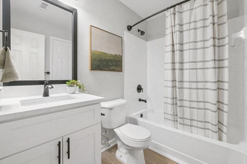 A bathroom with a white toilet, sink, and shower curtain.