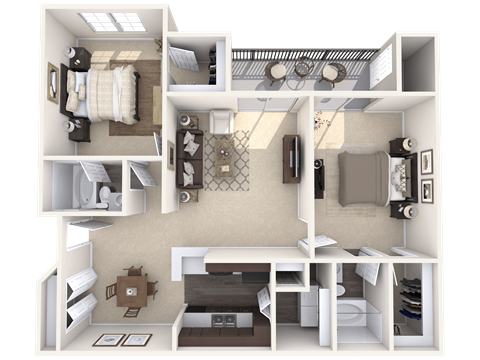 A 3D floor plan of a small apartment with a kitchen, living room, and bathroom.