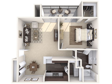 A 3D rendered image of a small apartment layout.