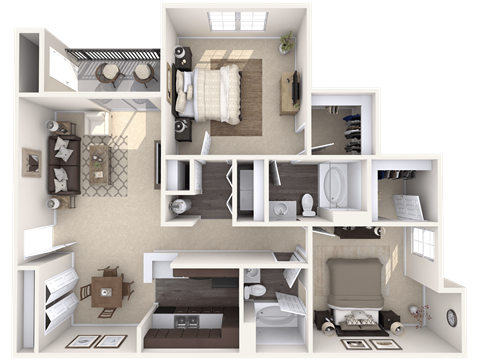 A 3D floor plan of a small apartment with a kitchen, living room, and bathroom.