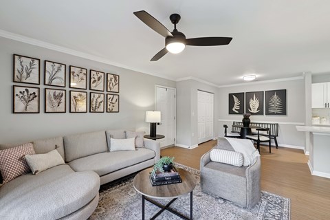 A living room with a grey couch, a coffee table, and a ceiling fan.