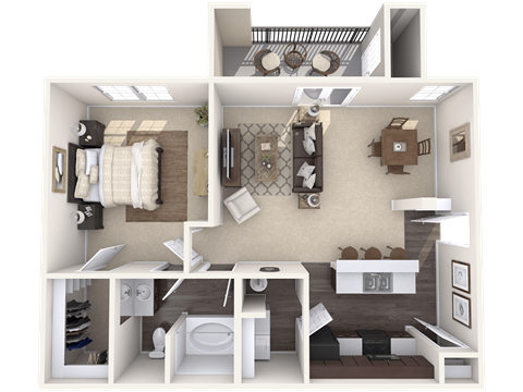 A 3D rendered image of a small apartment layout.