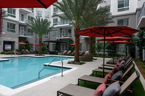 A pool surrounded by palm trees, poolside seating, and red umbrellas.
