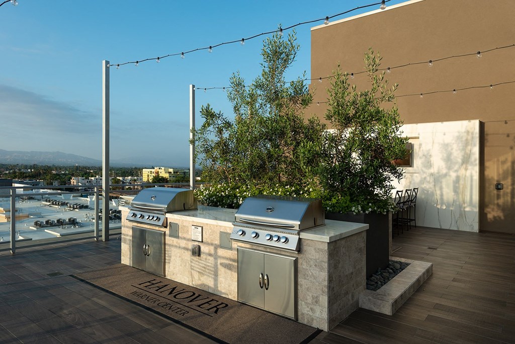 two stainless steel barbecue grills on a rooftop patio with a view of the city