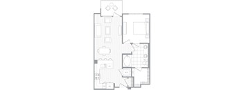 A floor plan of a house with a kitchen, living room, and bathroom.