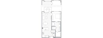 A floor plan of a house with a living room, kitchen, and bathroom.