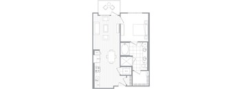 A floor plan of a house with a kitchen, living room, and bathroom.