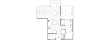 A floor plan of a house with a kitchen, living room, dining room, and bathroom.