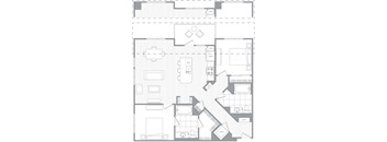 A floor plan of an apartment with a kitchen, living room, and bathrooms.