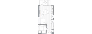 A floor plan of a small apartment with a kitchen, living room, and bathroom.