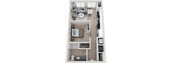 a 3D floorplan of a one bedroom apartment