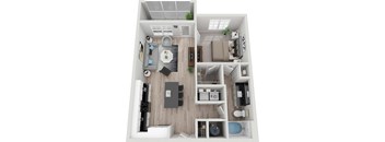 a 3D floorplan of a one bedroom apartment