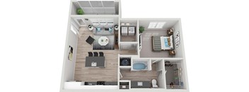 a 3D floorplan of a one bedroom apartment