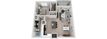 a 3D floorplan of a one bedroom apartment