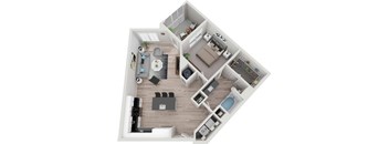 a 3D floorplan of a one bedroom apartment
