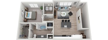 a 3D floorplan of a one bedroom apartment