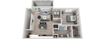 a 3D floorplan of a one bedroom apartment