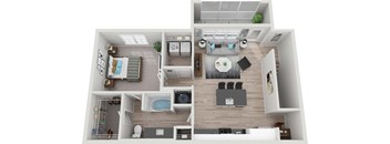 a 3D floorplan of a one bedroom apartment
