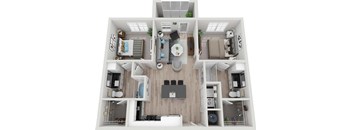 a 3D floorplan of a two bedroom apartment
