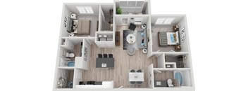 a 3D floorplan of a two bedroom apartment