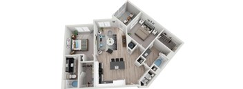 a 3D floorplan of a two bedroom apartment