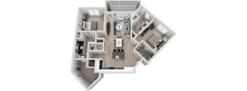 a 3D floorplan of a two bedroom apartment