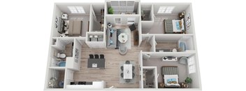 a 3D floorplan of a three bedroom apartment