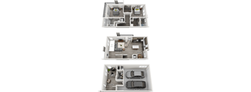 A set of three floor plans for a house with a garage and a living room.