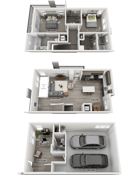 A set of three floor plans for a house with a garage and a living room.